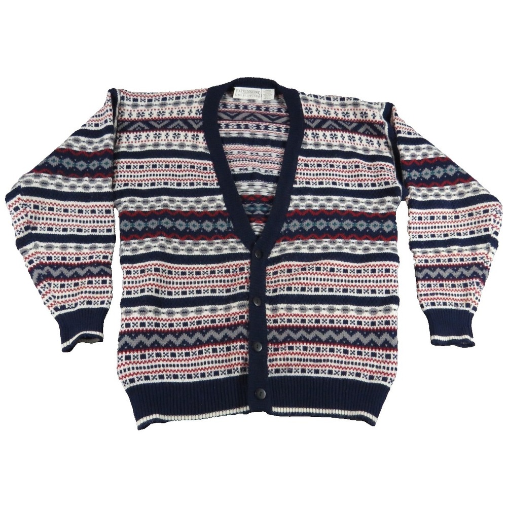 VTG Expressions‎ Worldwide Cardigan Sweater Men L Fair Isle Knit Geometric Guam